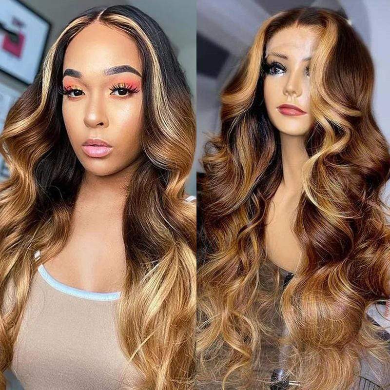 Highlight Ombre Blonde Loose Wave Lace Part Human Hair Wigs 150% Density