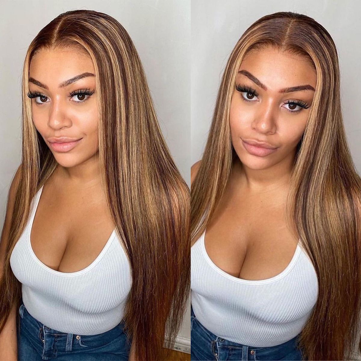 Highlight Honey Blonde Straight Hair Lace Front Wigs 200% Density