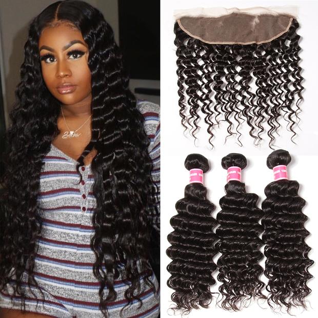 Indian Deep Wave 3 Bundles with 13*4 Ear to Ear Lace Frontal Closure Deals