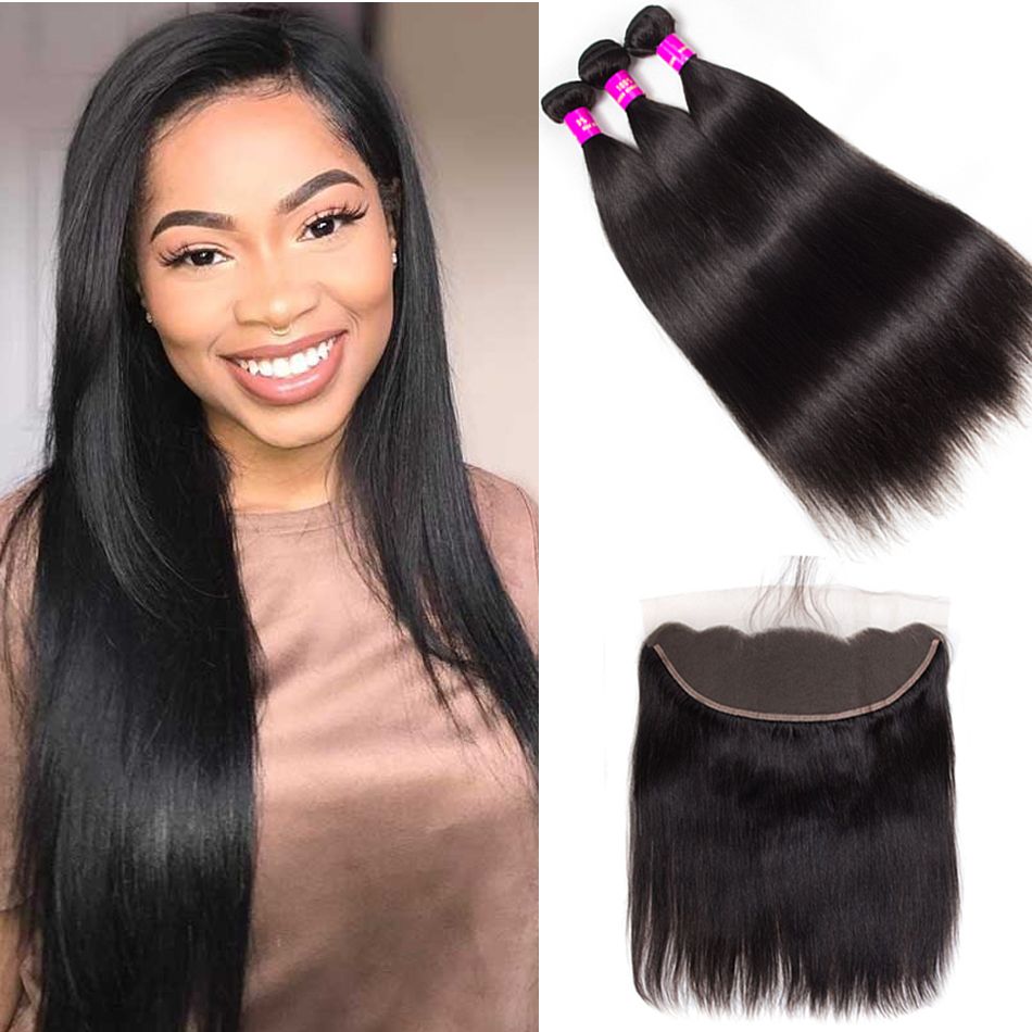 Lace Frontal Closure With Bundles Peruvian Straight Hair 3 Bundles With Frontal High Quality Peruvian Human Hair