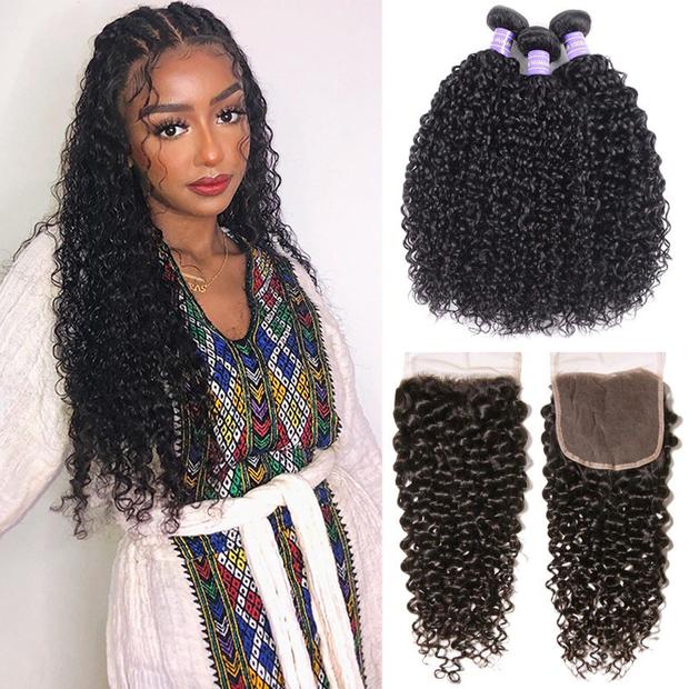 Remy Hair Brazilian 100% Human Hair Curly Hair 3 Bundles with 4*4 Lace Closure Youth Series