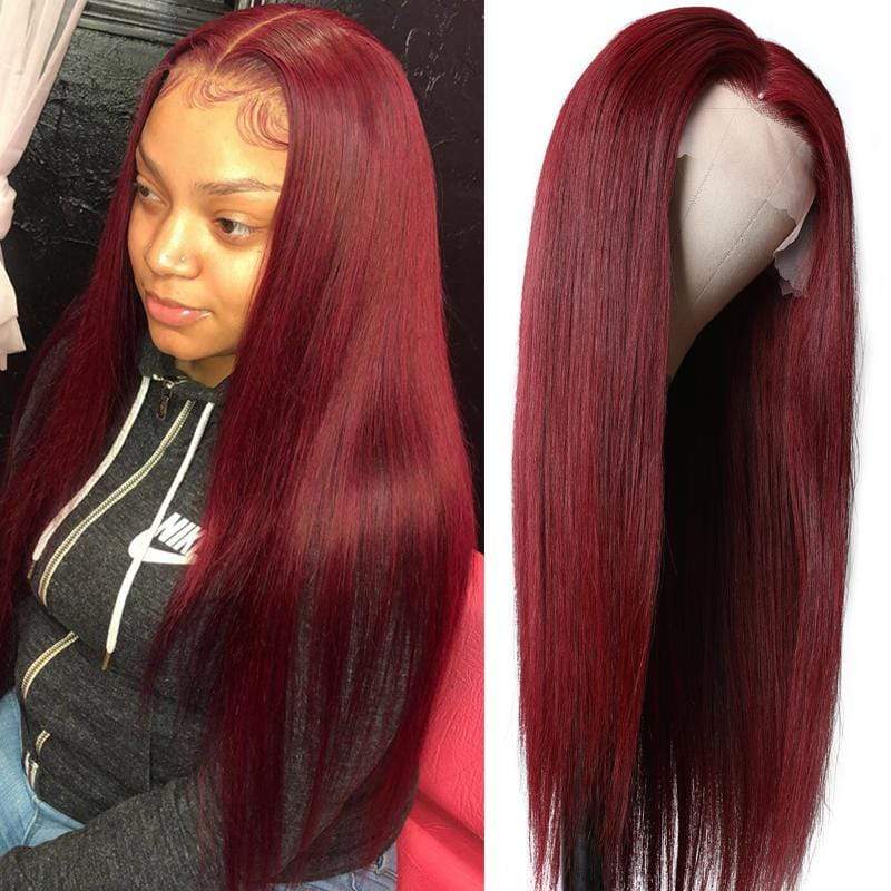Dark 99J Burgundy Color 13x4 HD Lace Front Wigs Pre Plucked Long Straight Virgin Human Hair Wigs