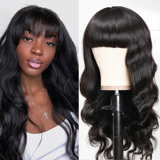 Body Wave Human Hair Wigs With Free Part Bangs Machine Made Gluless Breathable Wig Supper Affordable Wigs