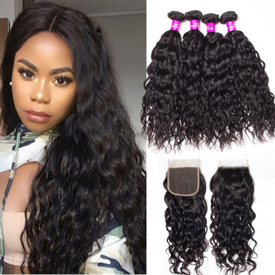 Wet And Wavy Human Hair Weave Bundles With Closure Natural Color 4 Bundles Brazilian Water Wave With Closure