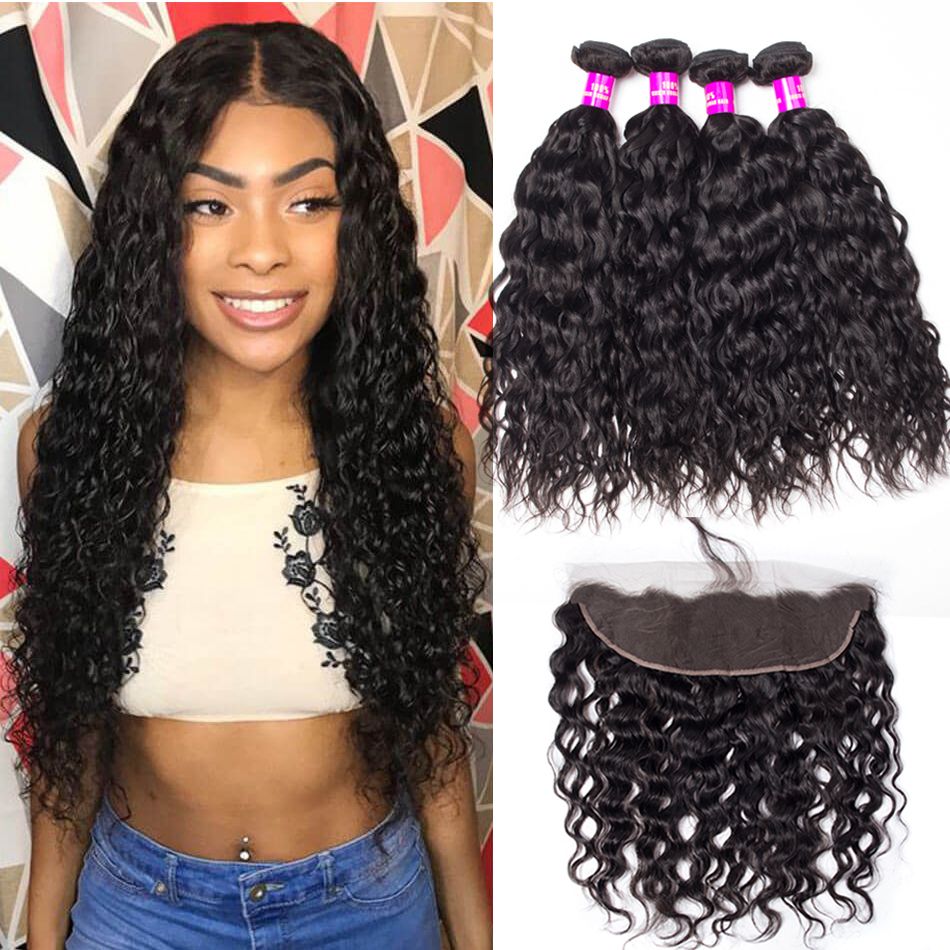 Indian Wet and Wavy Hair with Frontal Human Hair 4 Bundles Water Wavy Hair Extensions