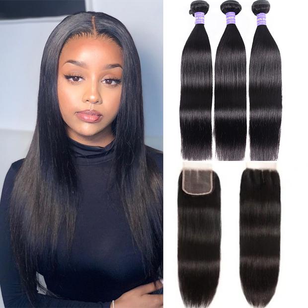 Remy Hair Brazilian 100% Human Hair Straight Hair 3 Bundles with 4*4 Lace Closure Youth Series