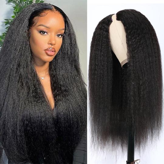 Kinky Straight V Part Wig Beginner Friendly Undetectable Leave Out Yaki Straight I Part Wig
