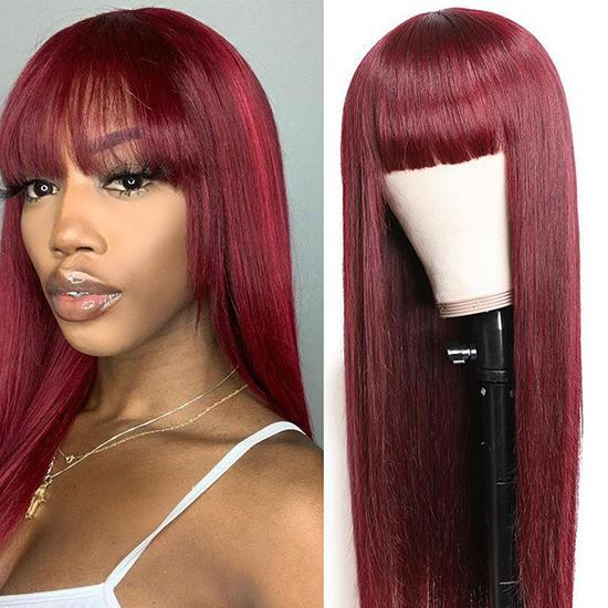 99j Red Color Straight Wigs With Bangs For Women 100% Virgin Human Hair Wigs