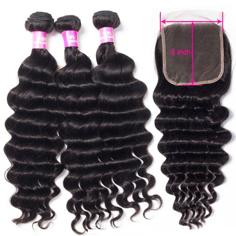 Brazilian Loose Deep 3 Bundles with 5×5 Lace Closure for Full Head Sale