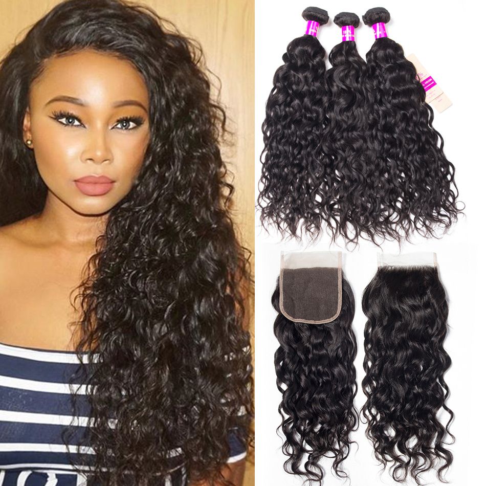 3 Bundles With Closure Malaysian Wet And Wavy Human Hair Weave Bundles With Closure Natural Color Water Wave