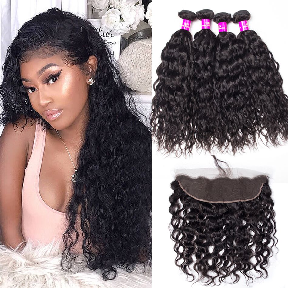 Malaysian Water Wave 4 Bundles With Frontal Wet and Wavy Human Hair Weave Bundles With 13*4 Frontal Soft Natural Hair
