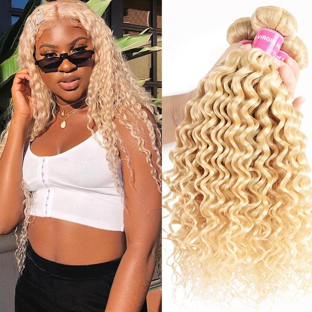 9A Blonde Deep Wave 3 Bundles 613 Color Curly Human Hair Weave Double Stitched