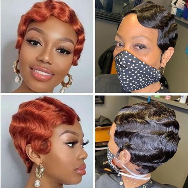 Chic Finger Waves Short Human Hair Wigs Orange Red Color Pixie Cuts Hollywood 80s Style Ocean Wave