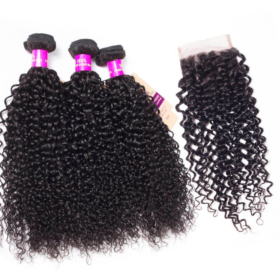 Indian Virgin Hair Curly Wave Weft With closure,100% Human Hair Curly Wave 3Bundles With closure