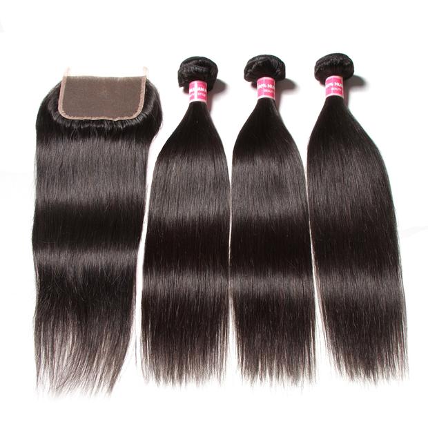 Peruvian Straight Hair 3 Bundles with 4*4 Lace Closure