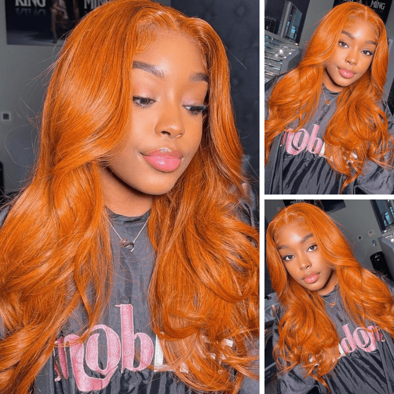 Ginger Orange Colored Body Wave Human Hair Lace Wigs Cinnamon Fall Color Wigs Pre Plucked With Baby Hair