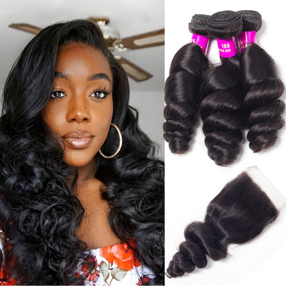 Virgin Hair Peruvian Loose Wave With 4*4 Closure Peruvian Remy Hair Spring Curly 3 Bundles Hair Weft With Closure