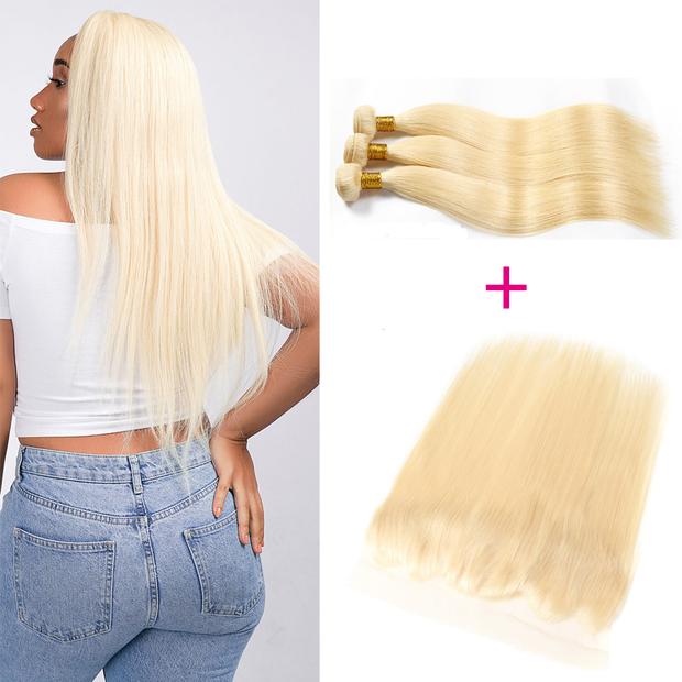 613 Blonde Straight Human Hair 3 Bundles with 13*4 Lace Frontal Closure