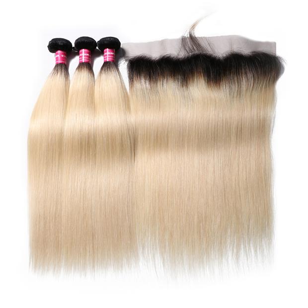1B/613 Straight Ombre Hair 3 Bundles with 13*4 Frontal Closure, 2 Tone Color Human Hair Weave Extensions For Sale