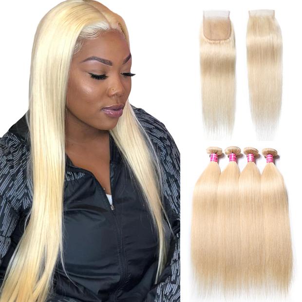 613 Blonde Straight Hair 3 Bundles with 4*4 Lace Closure on Deals, 100% Human Hair Bundles