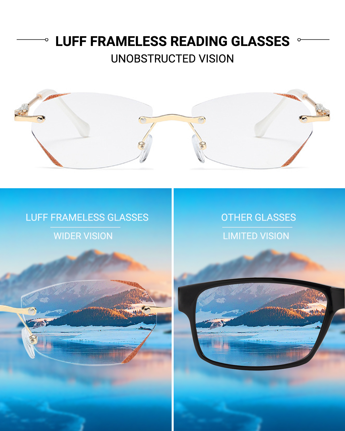LUFF Rimless Reading Glasses for Women,Fashion Lightweight Anti Blue Light Readers Classic Metal Comfortable Frame glasses