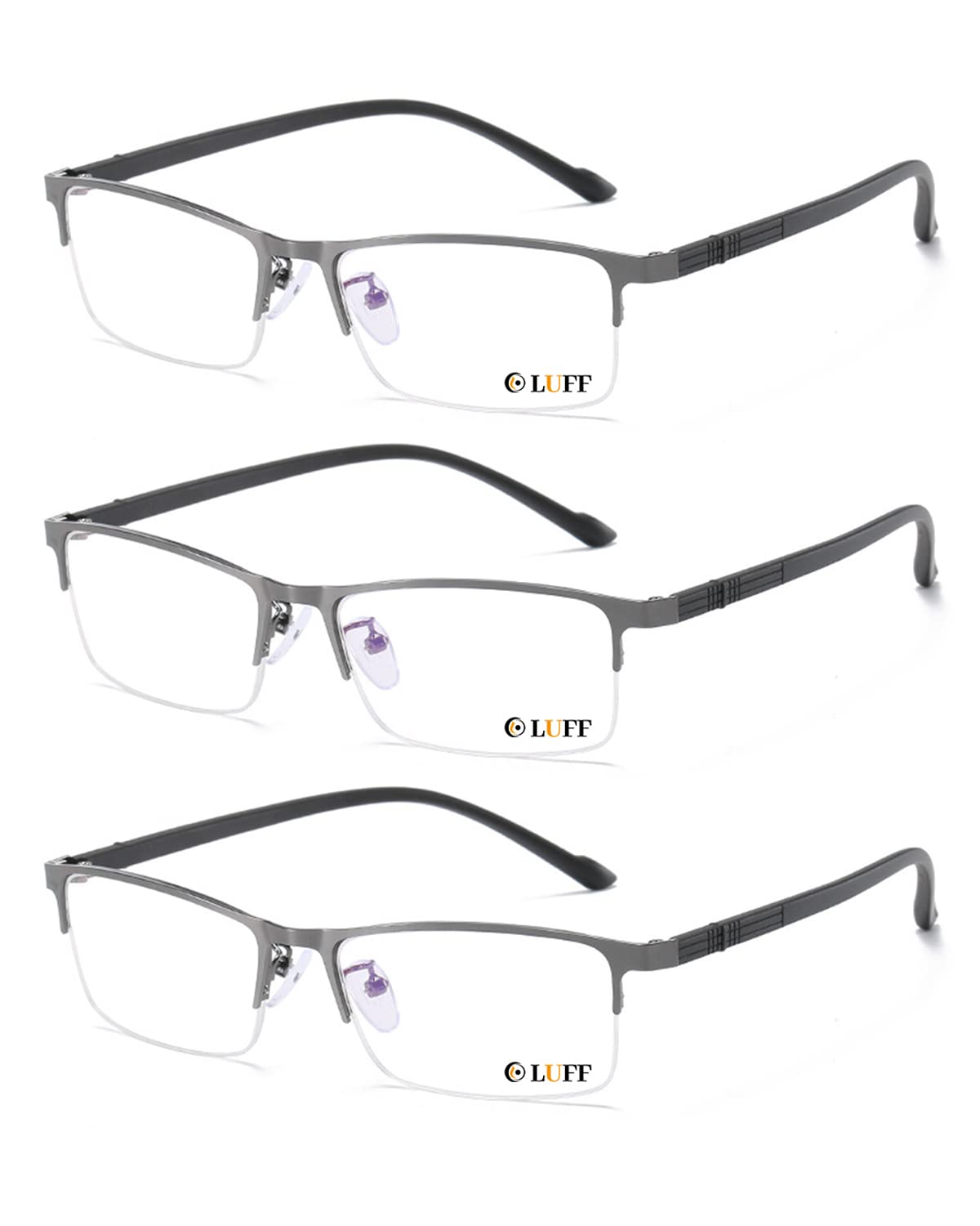 LUFF Reading Glasses 3PCS Half Frame Metal Readers for Men and Women Rectangle Blue Light Blocking eyeglasses with Comfort