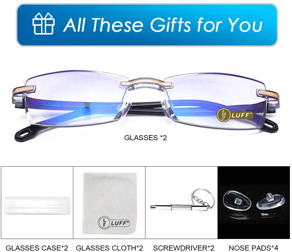 LUFF Reading Glasses Company Home Lightweight Comfortable Readers Value 2 Pack Frameless Diamond Trimming Mens
