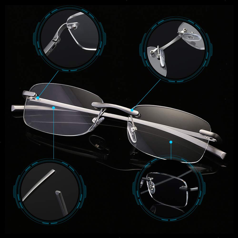 LUFF Rimless Reading Glasses Ultra Light Metal Frame Readers for Men and Women with Spring Hinge
