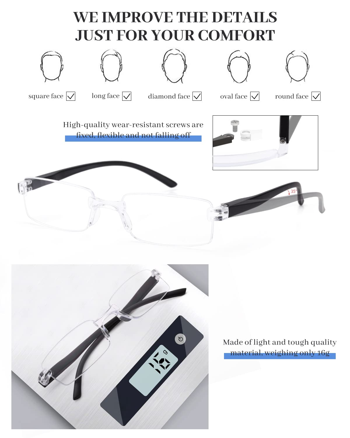 LUFF 4 PACK Rimless Reading Glasses for Women Men, Blue Light Blocking