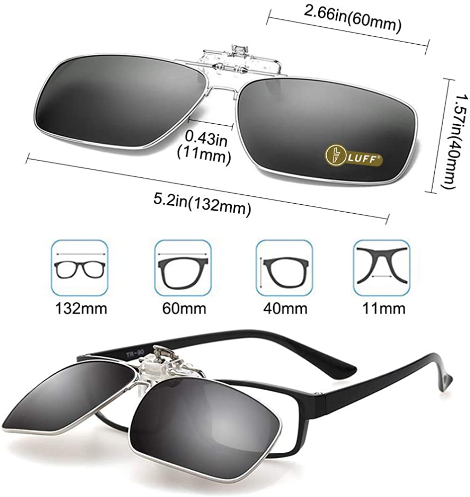 LUFF Polarized Clip-on Sunglasses Mens/Womens Flip-Up Sun Lenses fit Outdoor Sports