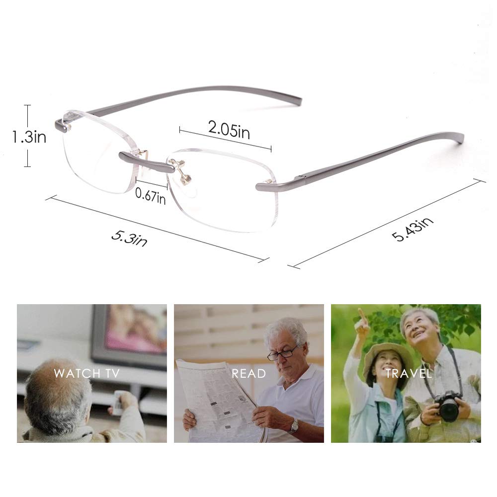 LUFF Rimless Reading Glasses Ultra Light Metal Frame Readers for Men and Women with Spring Hinge
