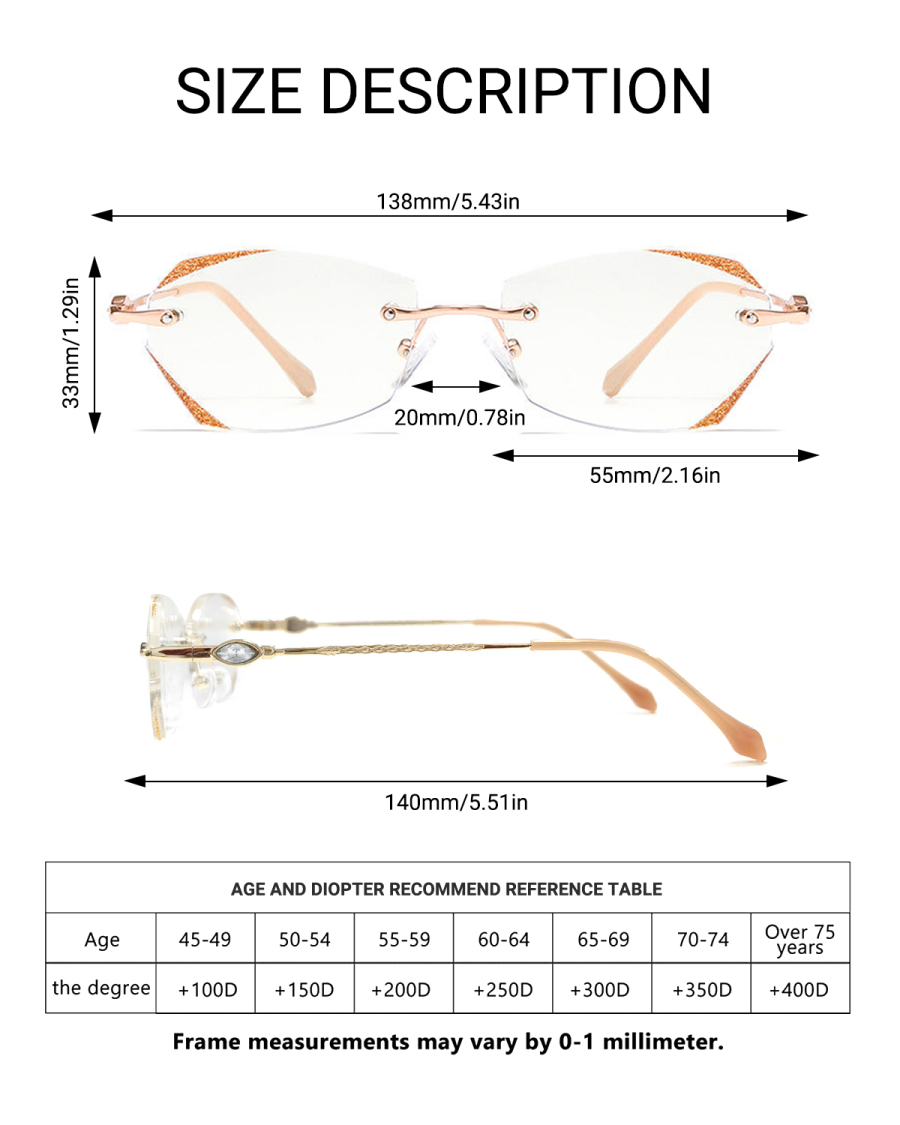 Teraise Frameless Reading Glasses For Women With Blue Light Blocking Fashion Diamond Cutting