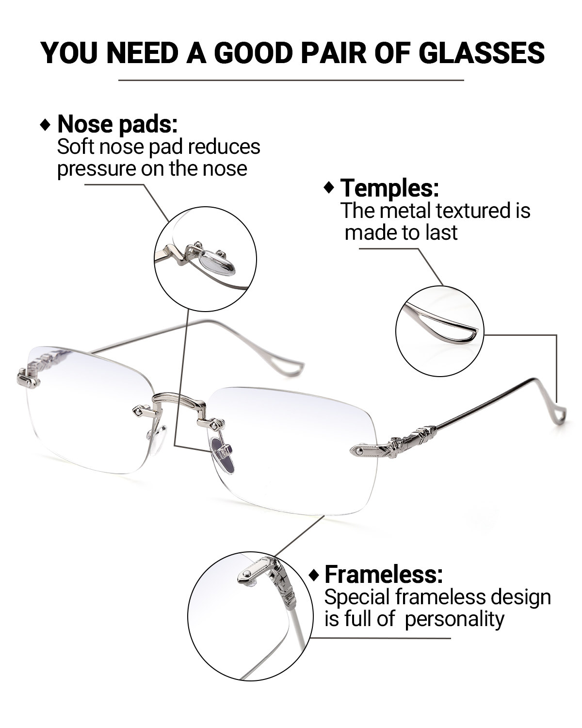 TERAISE Frameless Metal Reading Glasses for Men/Women Blue Light Blocking -Rimless Fashion Comfortable Computer Eyeglasses-TERAISE