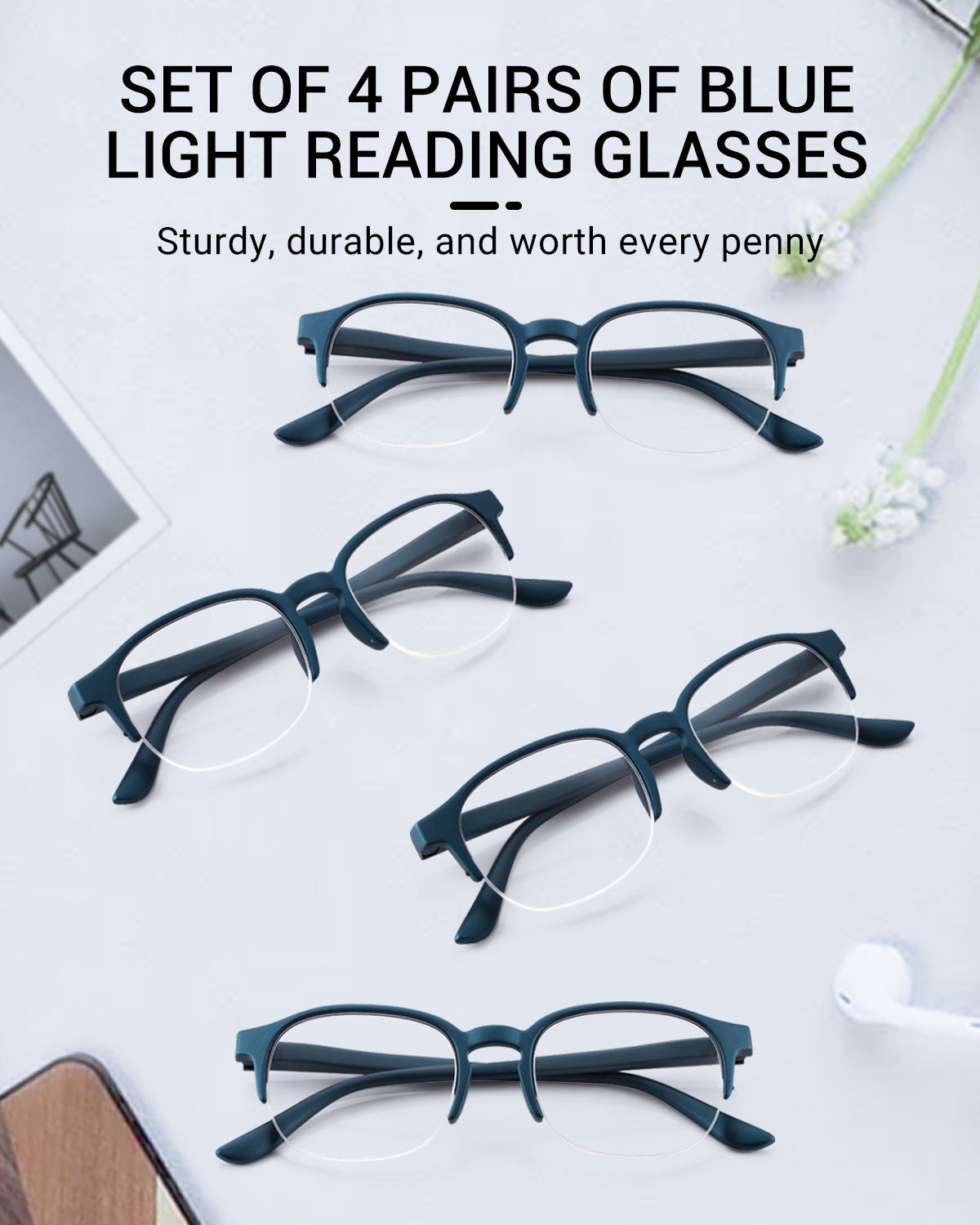 TERAISE Blue Light Reading Glasses for Women/Men - 4 pairs Readers with Spring Hinge,Reduce Eye Fatigue,Lightweight Fashion Blue Frame Computer Eyeglasses-TERAISE