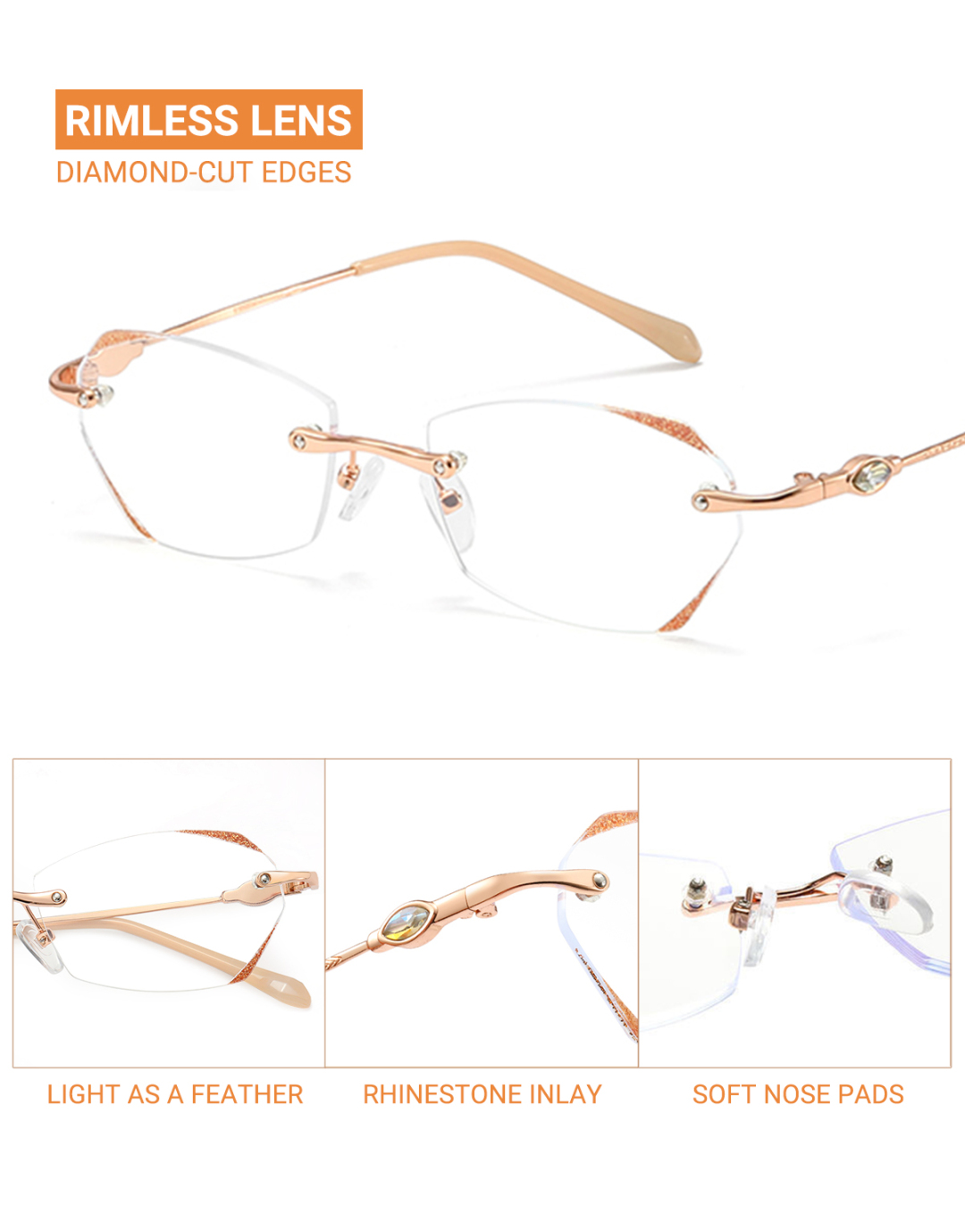 TERAISE Frameless Reading Glasses For Women With Blue Light Blocking,Fashion Diamond Cutting