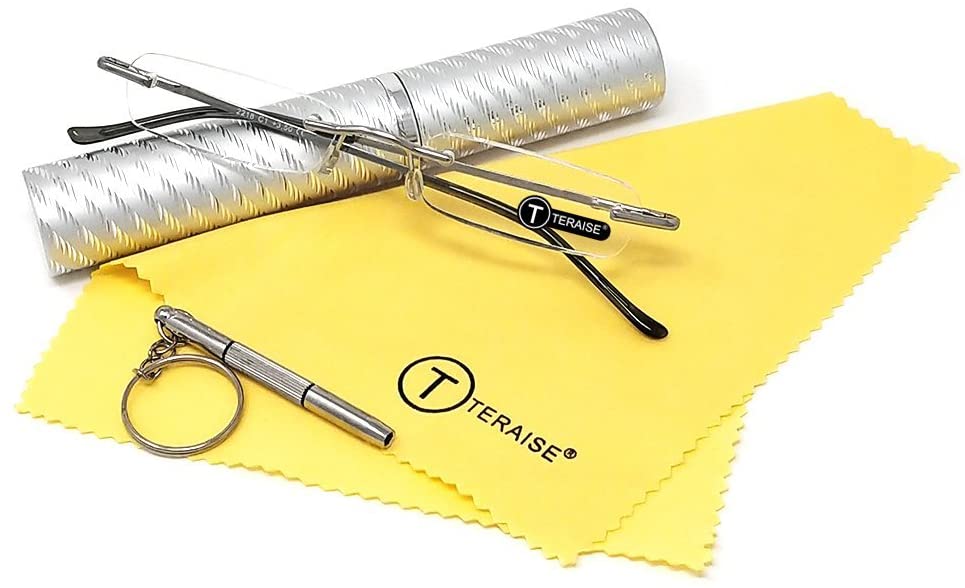 TERAISE Upgrade Lightweight Reading Glasses Frameless Readers clear lens for Men and Women w/Pen Clip Tube Case-TERAISE