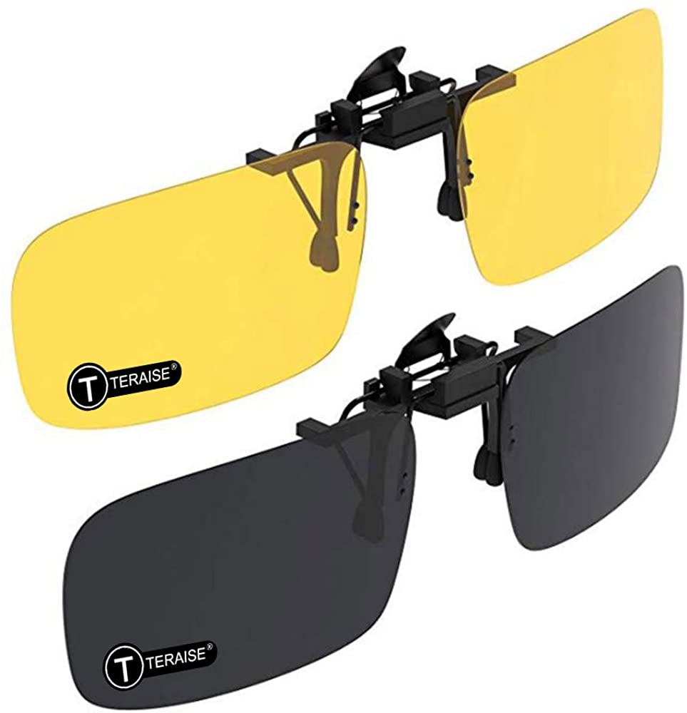TERAISE Clip-on Sunglasses Polarized Lens For Prescription Glasses Night Vision Sunglasses for Outdoor Walking Driving Fishing Cycling HD Anti-Glare UV400 for Men and Women Set of 2 Driving Glasses 