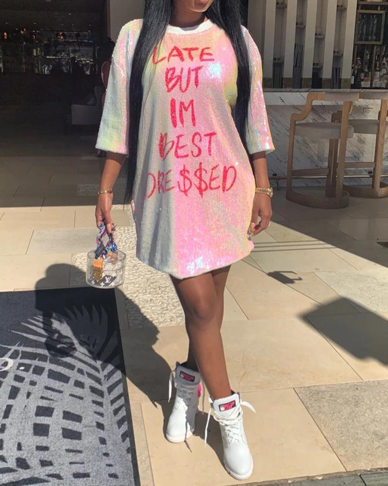 Sequined Letter Printing Loose T-Shirt