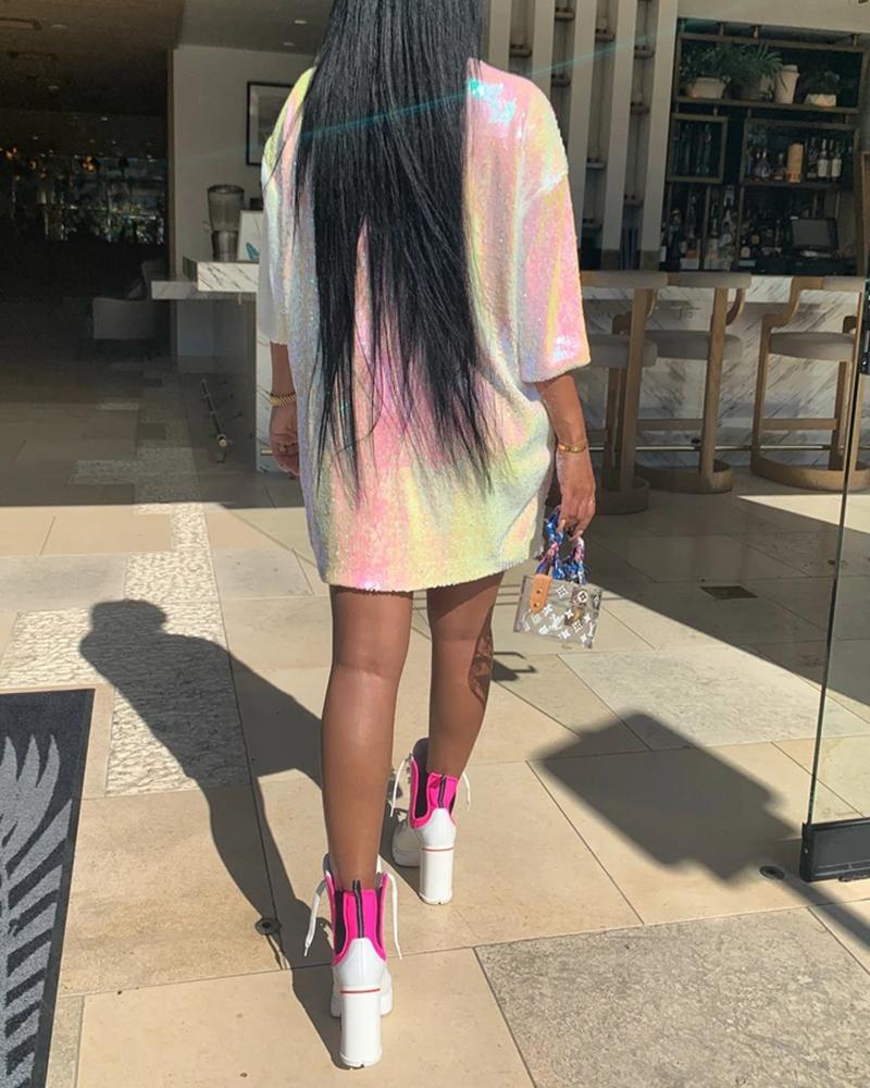 Sequined Letter Printing Loose T-Shirt