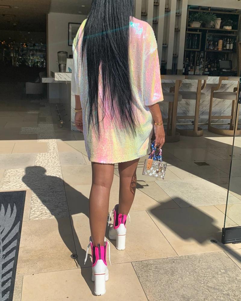 Sequined Letter Printing Loose T-Shirt