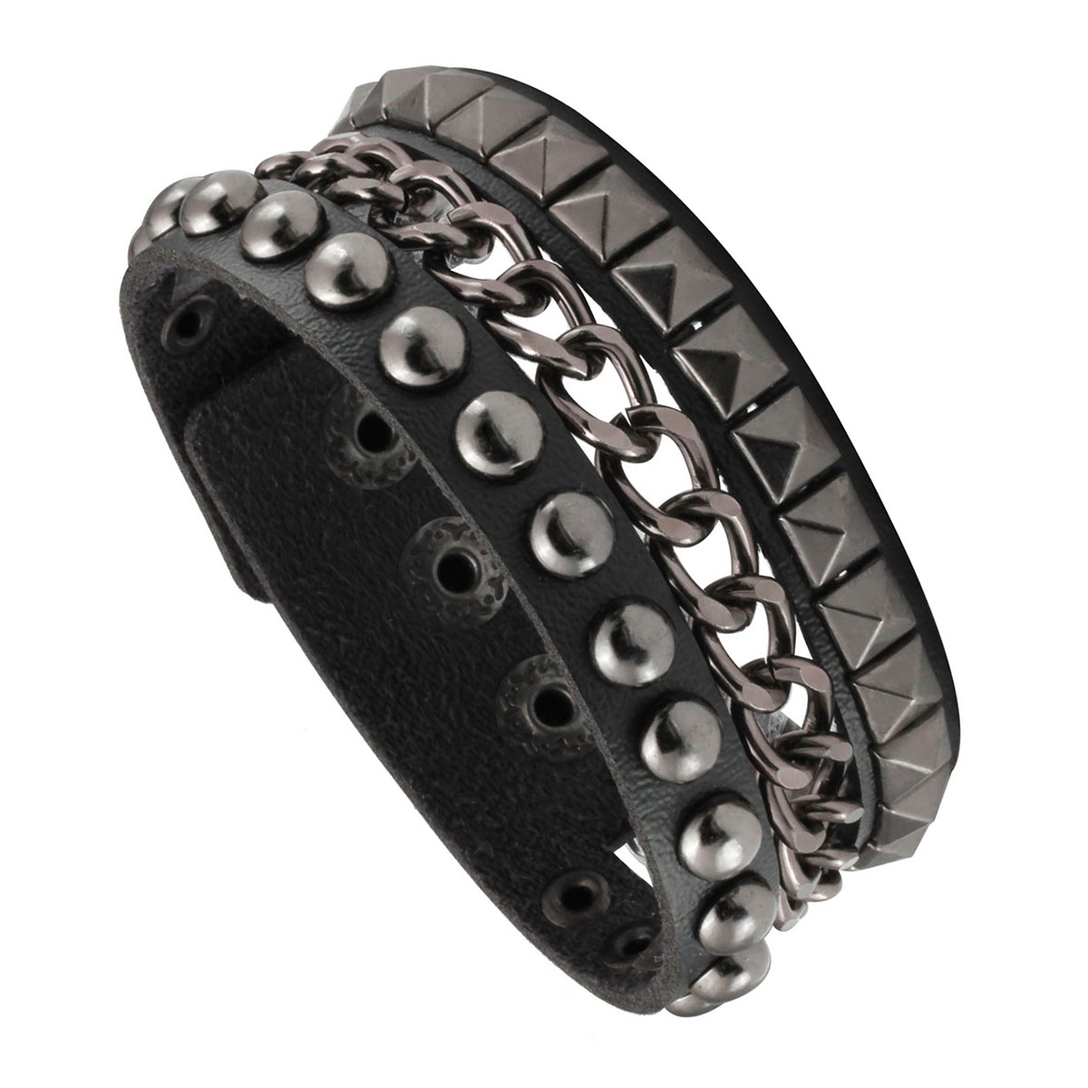 Punk alloy bracelet faux leather rivets studded multi layers cuffs buckle wristband 