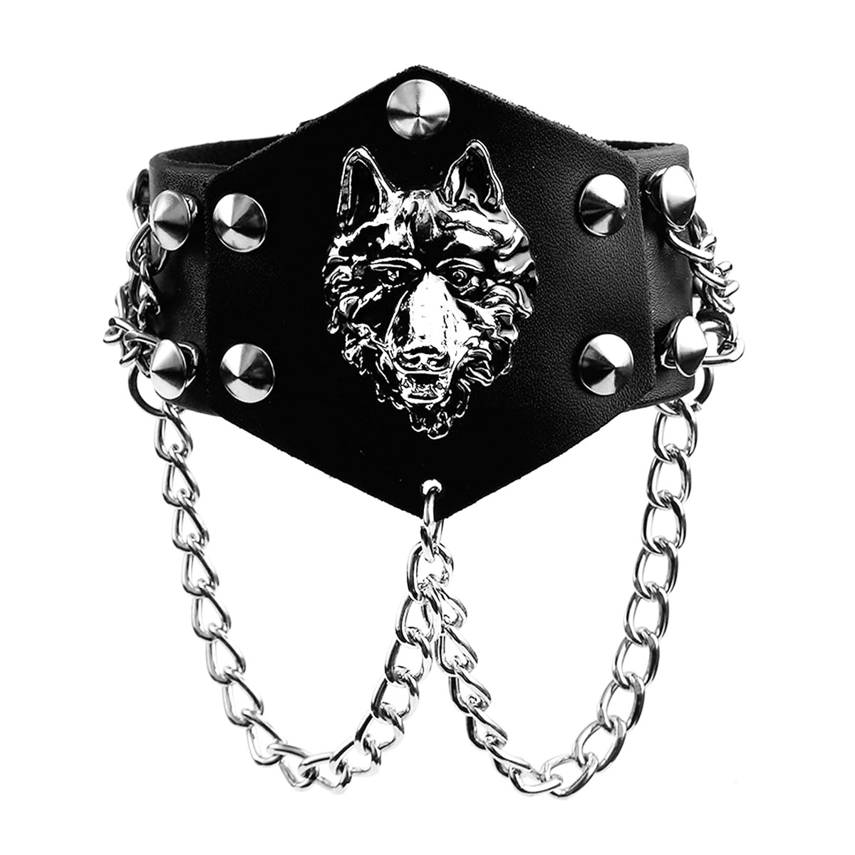 Stylish punk bracelet coyote faux leather adjustable buckle wristband with chains 