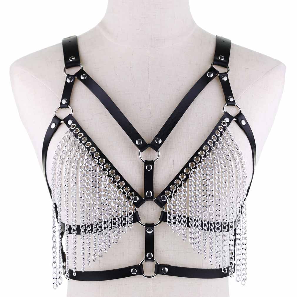 Punk faux leather body harness strap rock sexy adjustable chest harness chains belt caged bra for women and girls