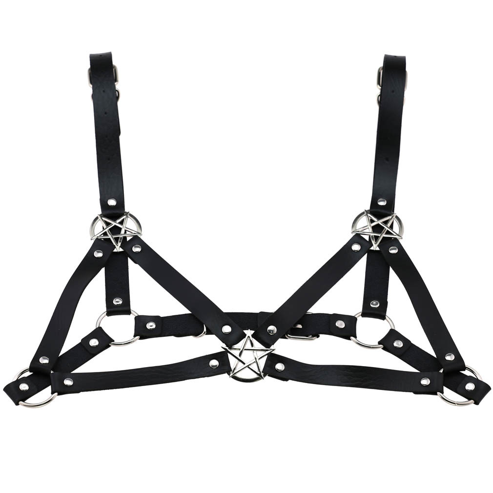 Woman punk gothic faux leather chest harness pentagram O-ring adjustable body waistband caged bra for music festival cospaly nightclub