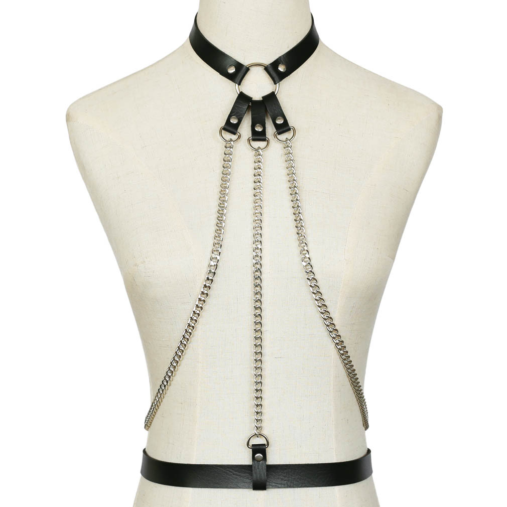 Punk style faux leather chest harness O-ring adjustable body chains waist belt for woman and girls