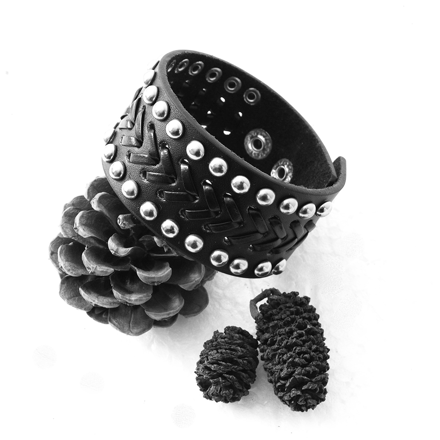Goth style studed rivet bracelet faux leather biker wide woven buckle cuff wristband