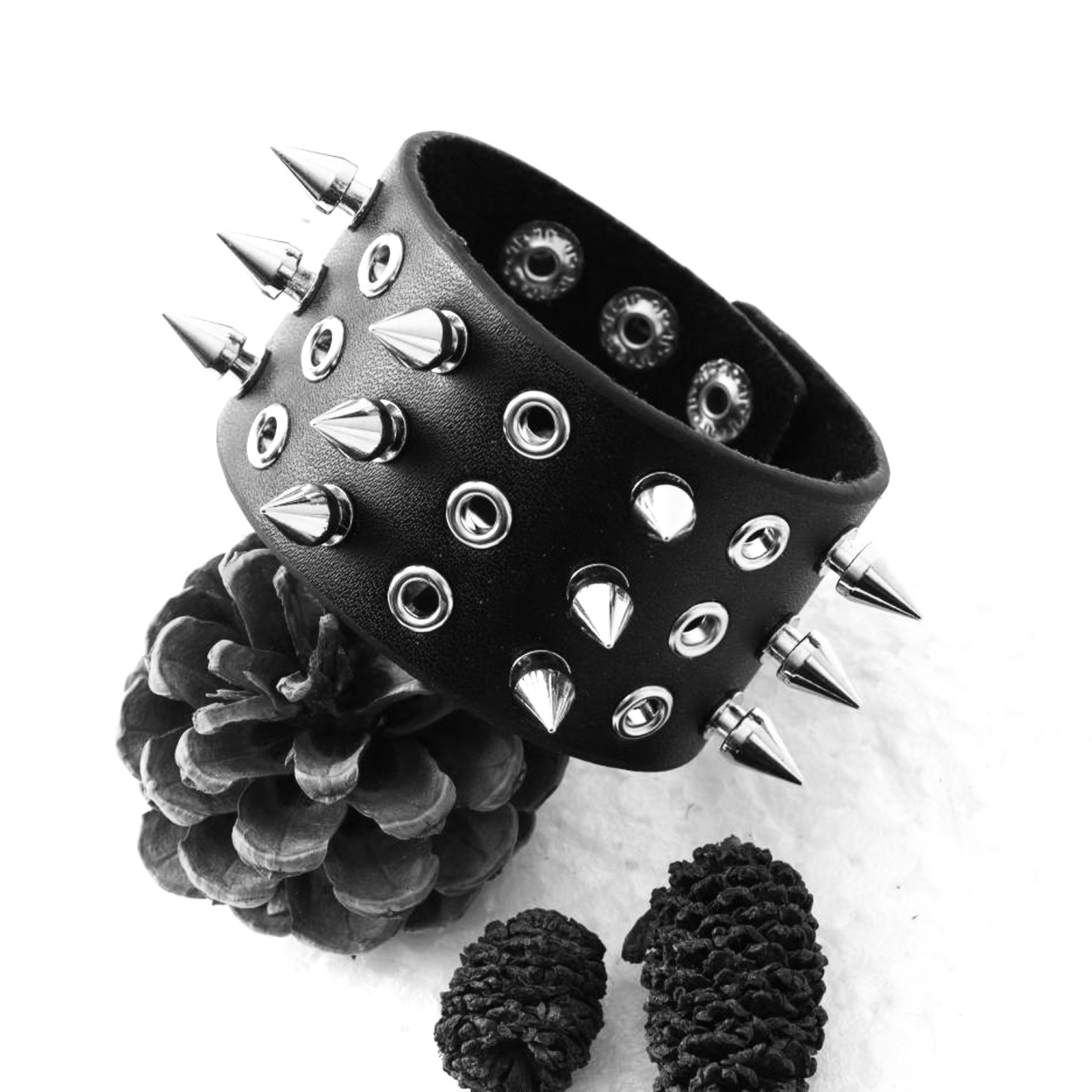 Punk style wide cuff bracelet faux leather spike rivets rock pored buckle wristband