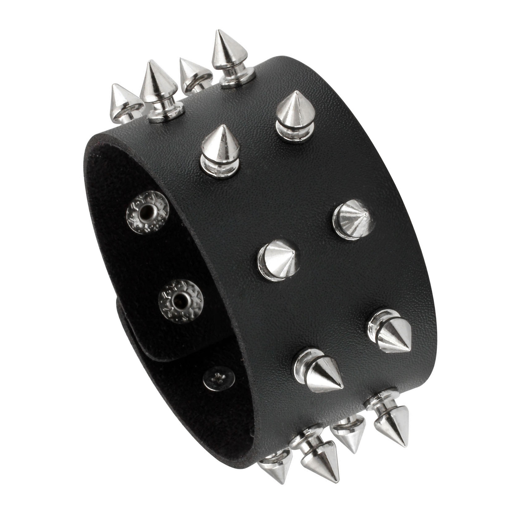 Rocker wide cuff bracelet faux leather silver studded punk  buckle wristband