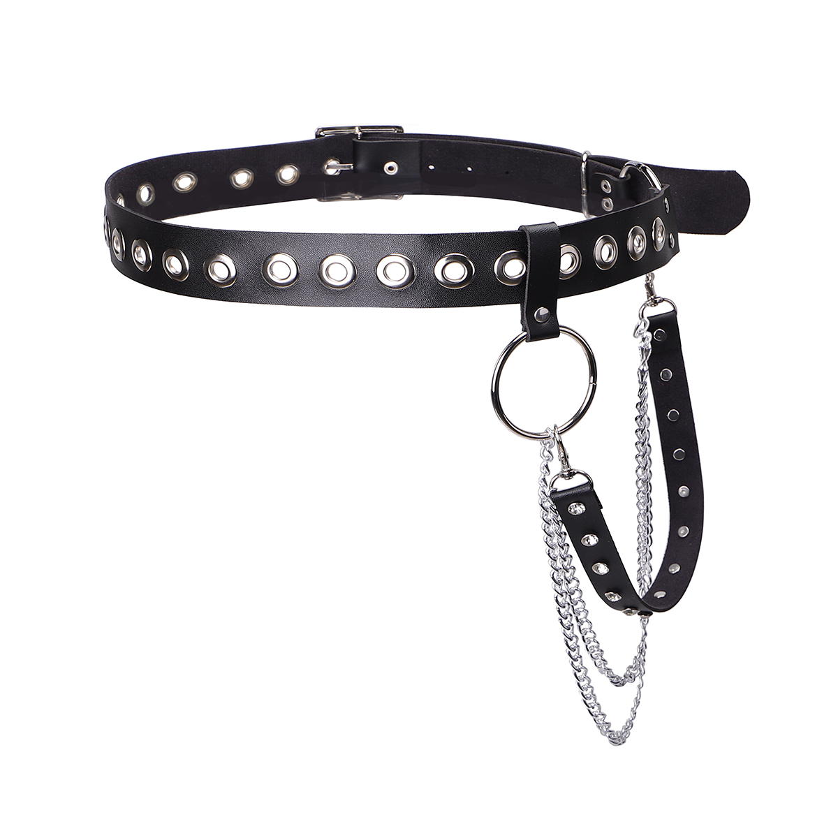 Fashion chain leather punk belt with silver O-ring and buckle