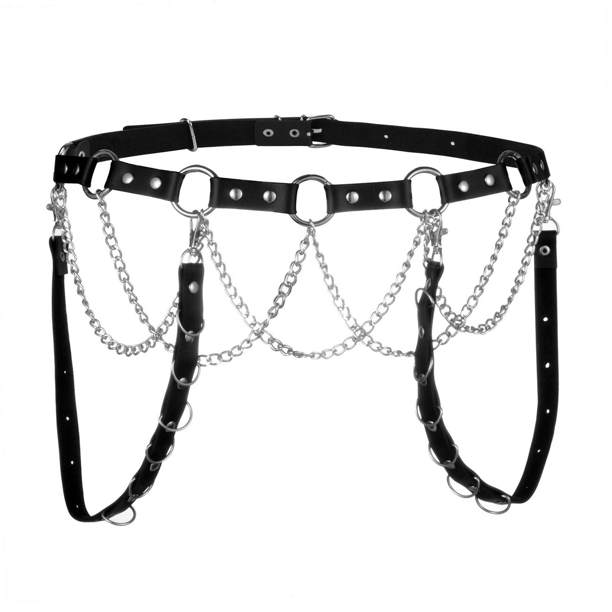 Black rock punk belt with five rings and chains